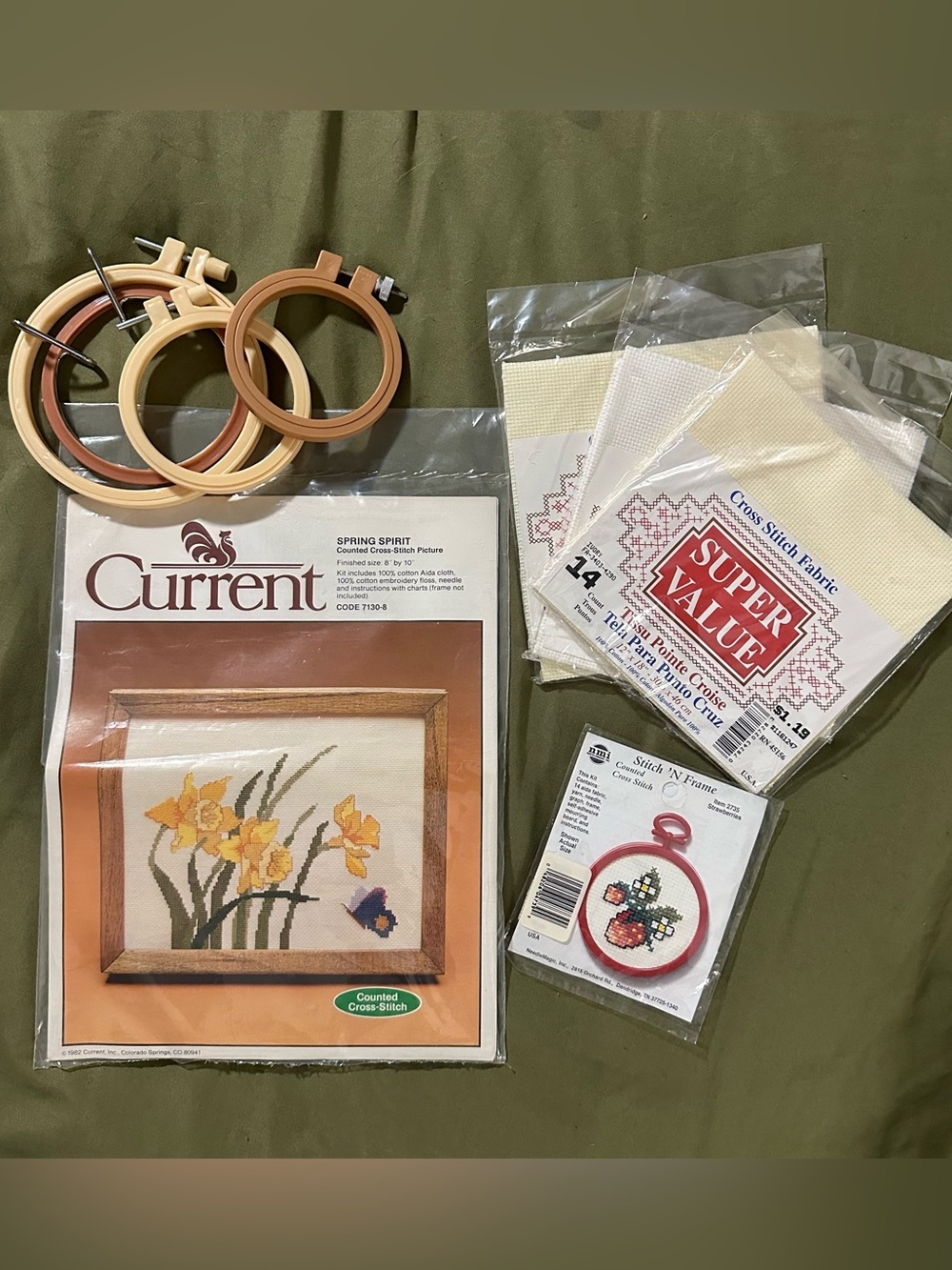 Vintage cross stitch lot. Current Inc & NeedleMagic kits, fabric and hoops.